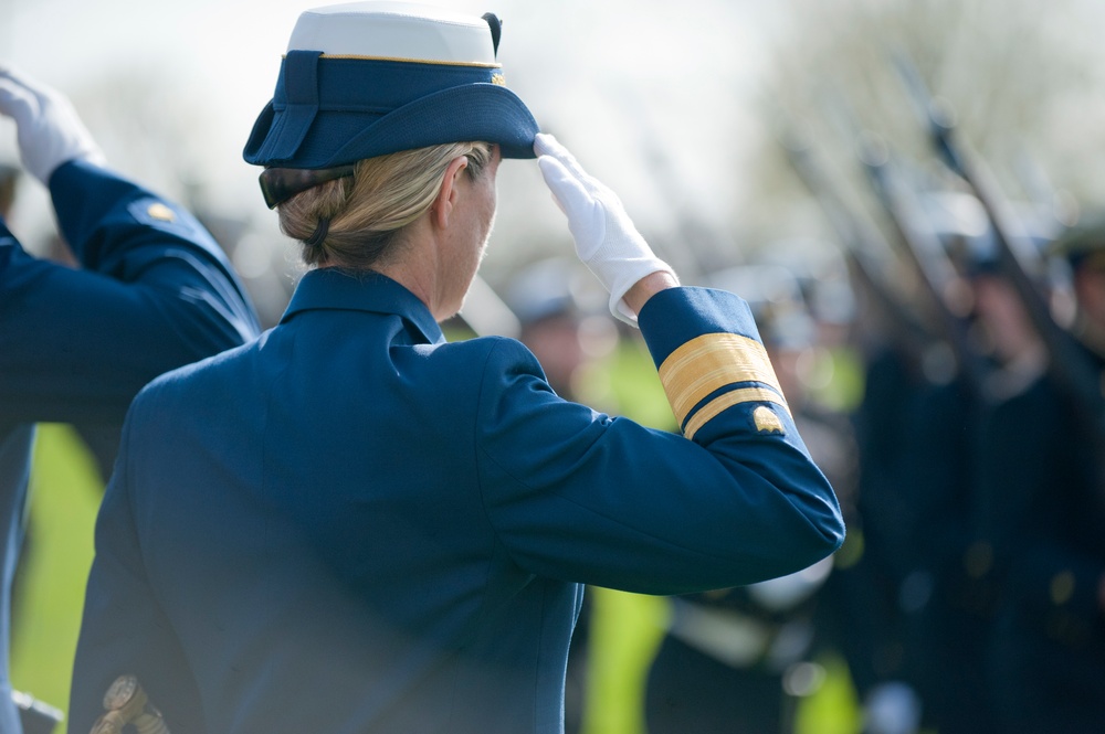 Coast Guard Academy cadets perform regimental review for Master Chief Petty Officer Lloyd Pierce