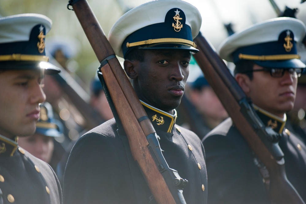 Coast Guard Academy cadets perform regimental review for Master Chief Petty Officer Lloyd Pierce