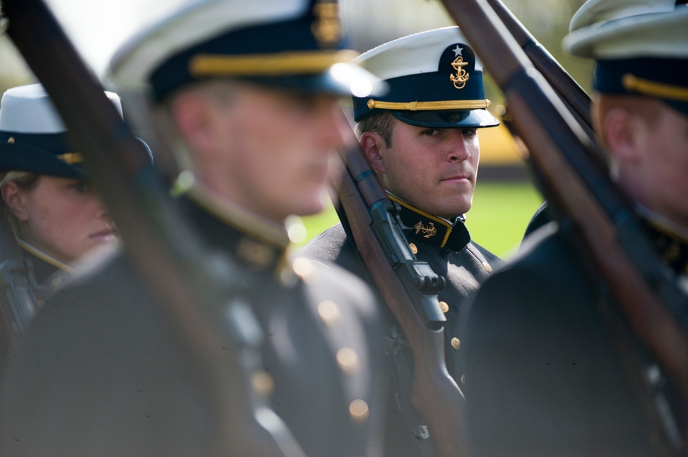 Coast Guard Academy cadets perform regimental review for Master Chief Petty Officer Lloyd Pierce