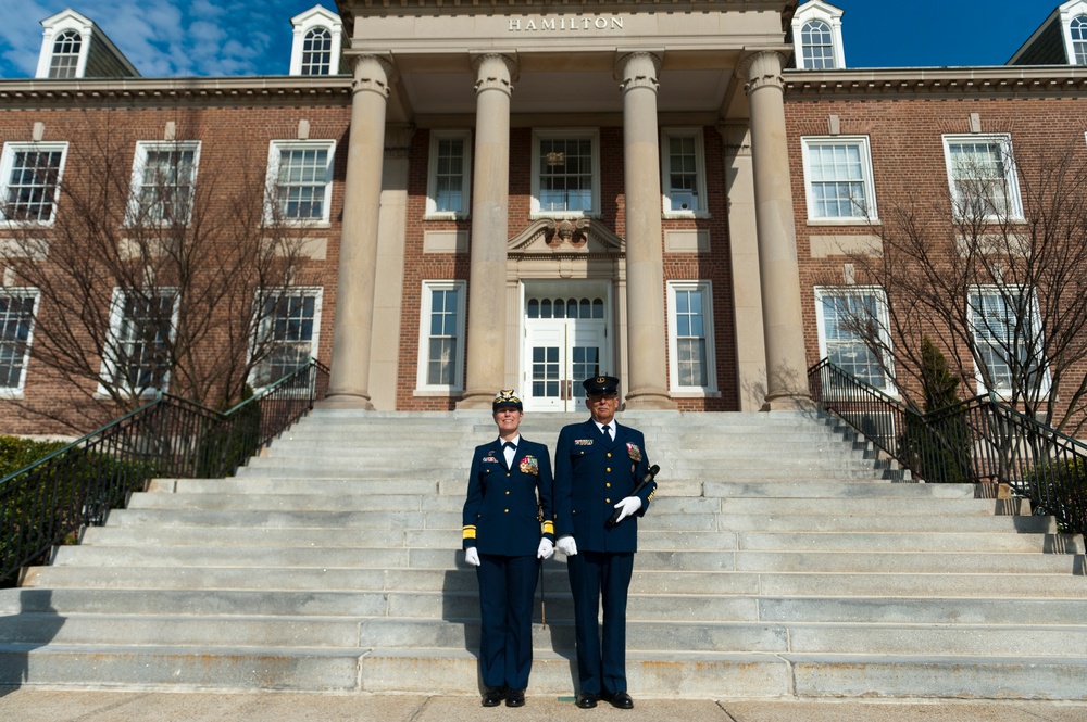 Coast Guard Academy cadets perform regimental review for Master Chief Petty Officer Lloyd Pierce