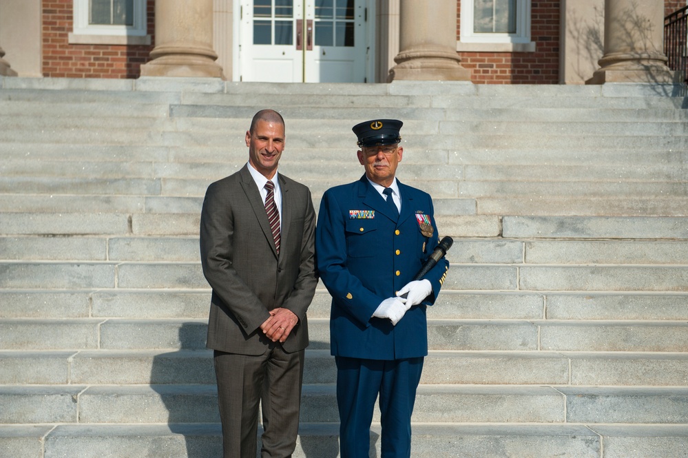 Coast Guard Academy cadets perform regimental review for Master Chief Petty Officer Lloyd Pierce