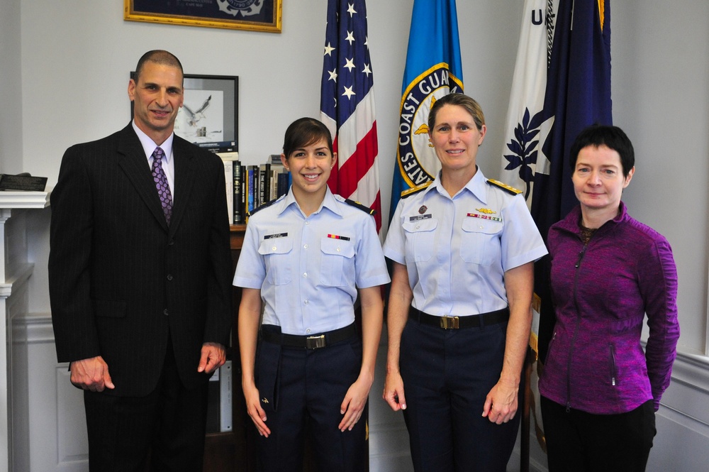 Cadet Jessica Lukasik talks to Rear Adm. Sandra Stosz about how she earned the 2014 Fulbright Scholarship