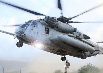 Marines fast-rope into urban terrain at Marine Corps Training Area Bellows