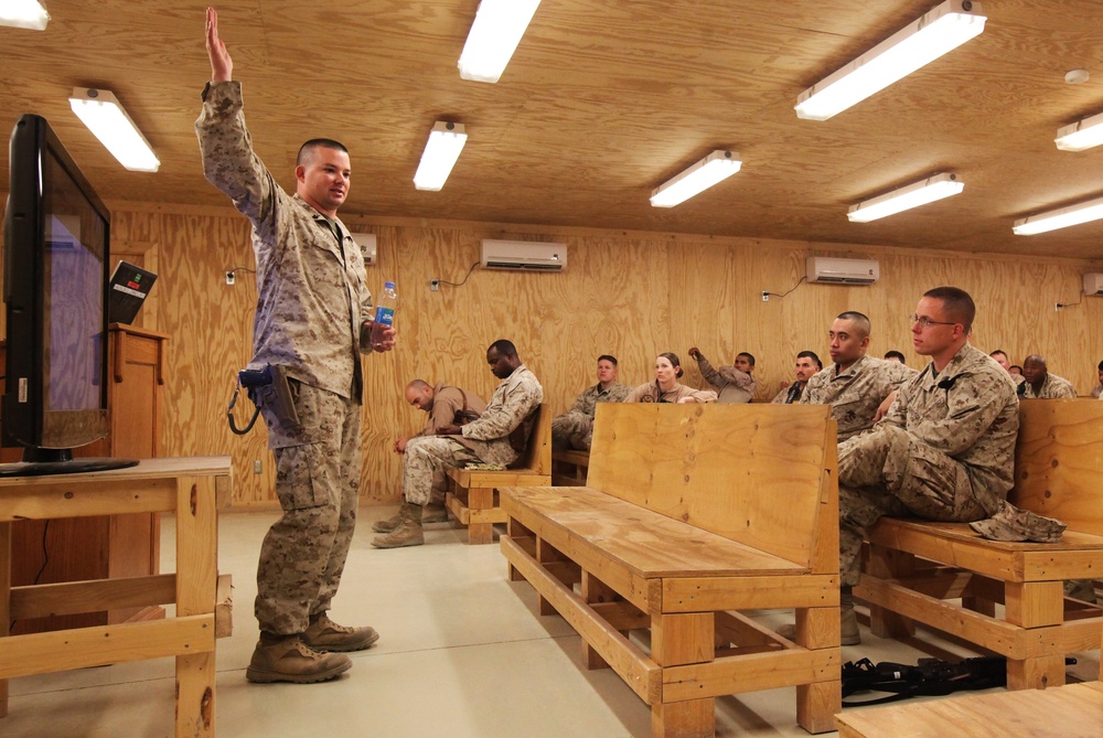 Marines increase stress awareness during stress mitigation training in Helmand province