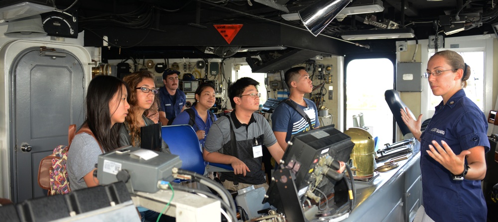Students learn about navigation aboard Coast Guard Cutter Rush