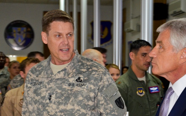 Defense Secretary Chuck Hagel visits MK Air Base Passenger Transit Center