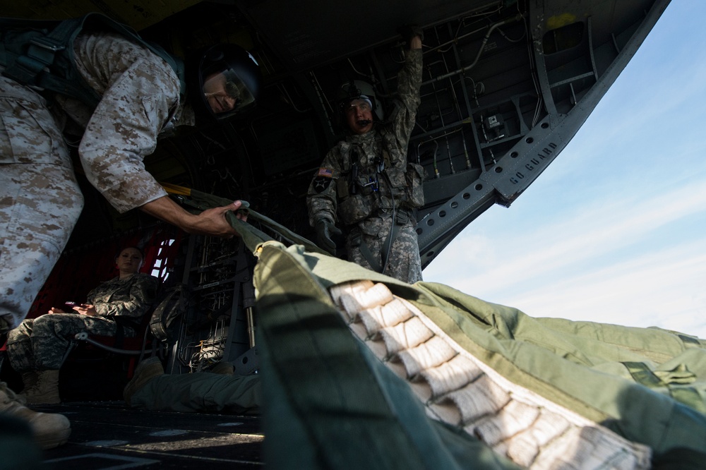 Military personnel are loading or unloading cargo from the rear ramp of a large military transport aircraft, likely a C-130 or similar heavy-lift aircraft. At least three service members in different camouflage patterns (MARPAT and Army ACU) are visible, with one handling a large olive-drab cargo bundle or parachute pack. A 'GO GUARD' placard is visible on the aircraft's interior ramp structure.