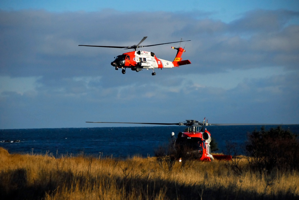 Coast Guard MH-60 Jayhawk helicopter crews conduct vertical surface training in Kodiak, Alaska