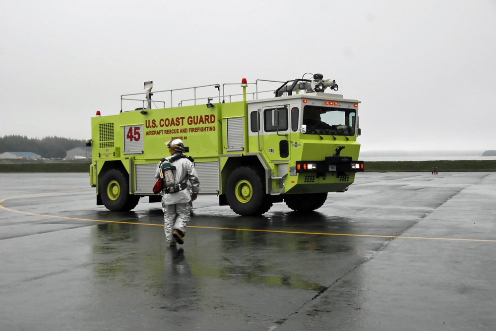 Coast Guard Base Kodiak firefighters respond to an alarm in Kodiak, Alaska
