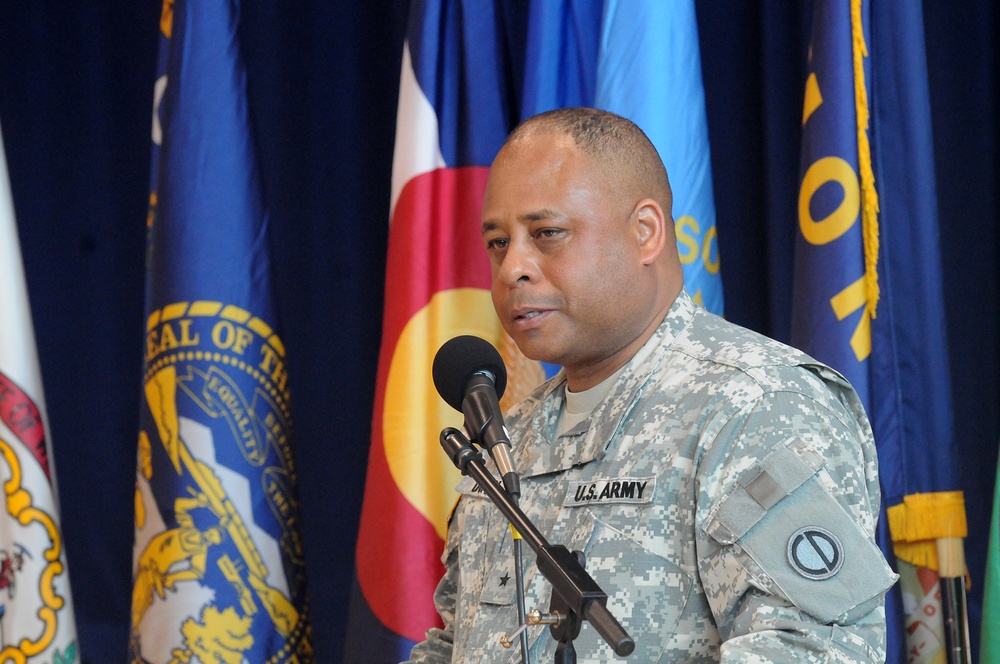 Outgoing commander gives farewell remarks during relinquishment of command ceremony