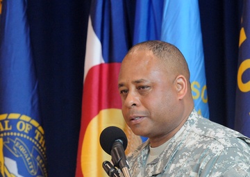 Outgoing commander gives farewell remarks during relinquishment of command ceremony