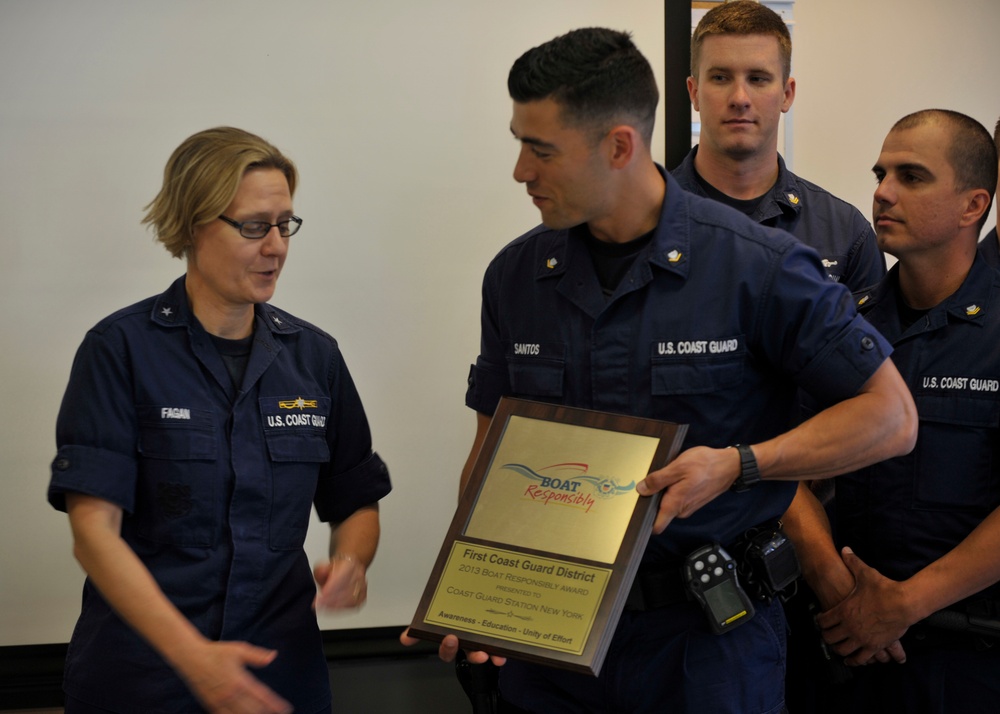 Admiral Fagan presents Coast Guard Station New York with the Boat Responsibly Award