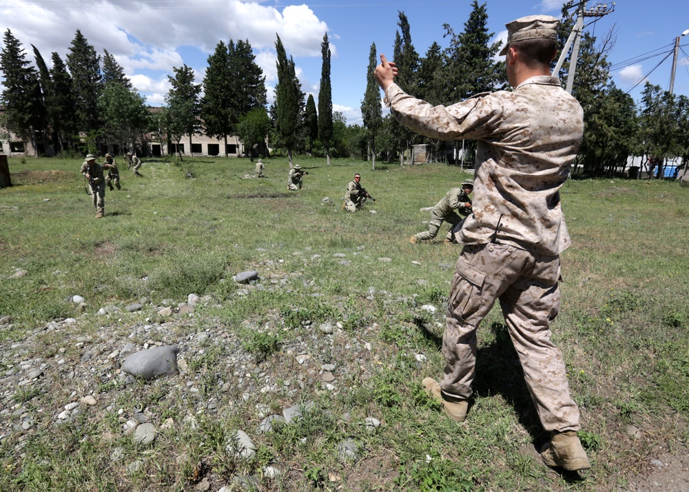 Marines of BSRF perform tactical movements during Agile Spirit 14