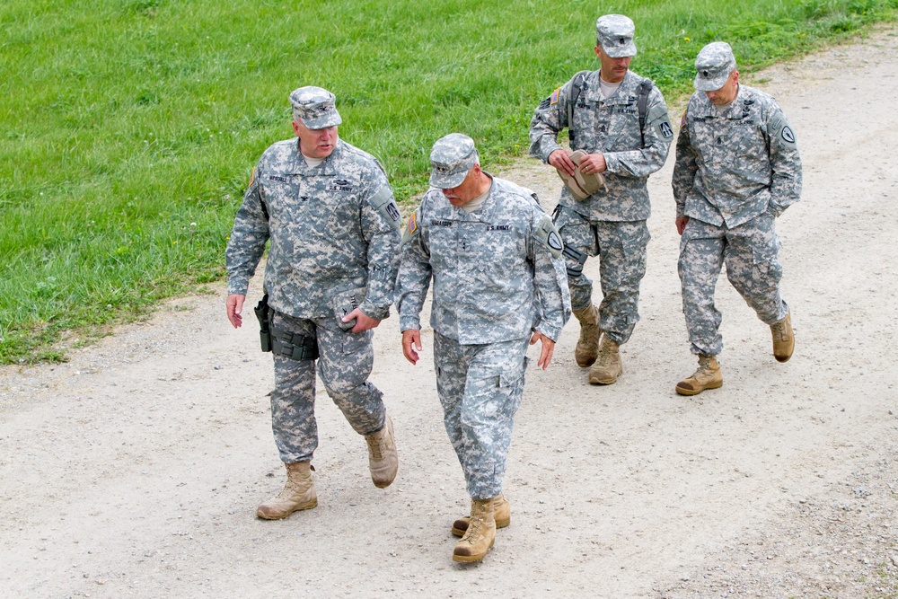 Indiana state adjutant general and state command sergeant major visit 76th IBCT Soldiers during annual training