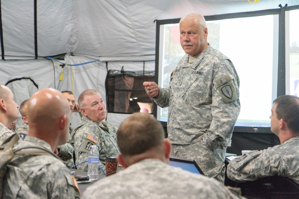 Indiana state adjutant general and state command sergeant major visit 76th IBCT Soldiers during annual training