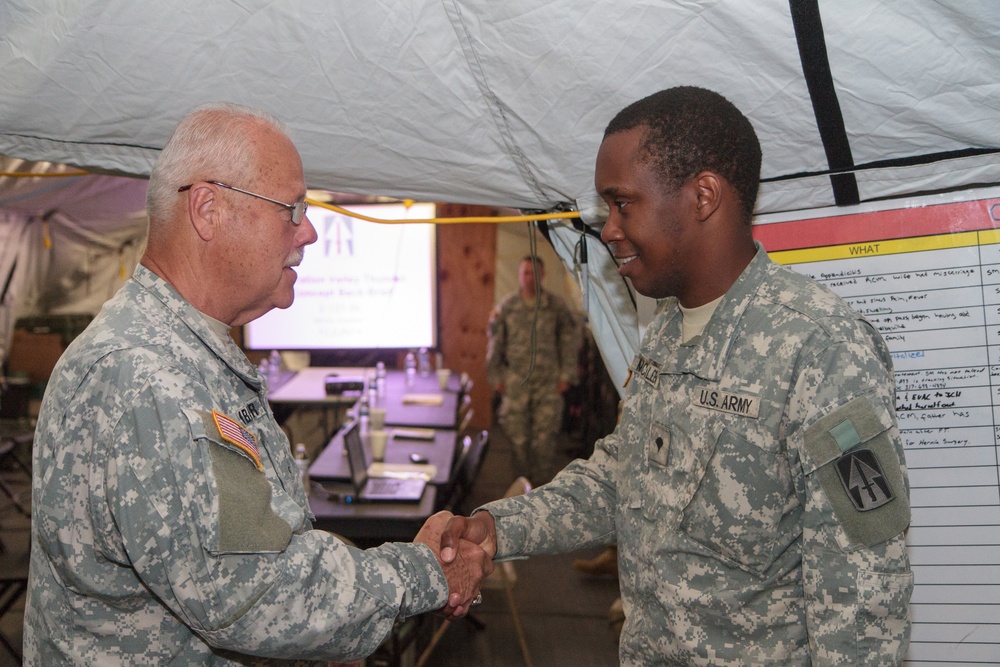 Indiana state adjutant general and state command sergeant major visit 76th IBCT Soldiers during annual training