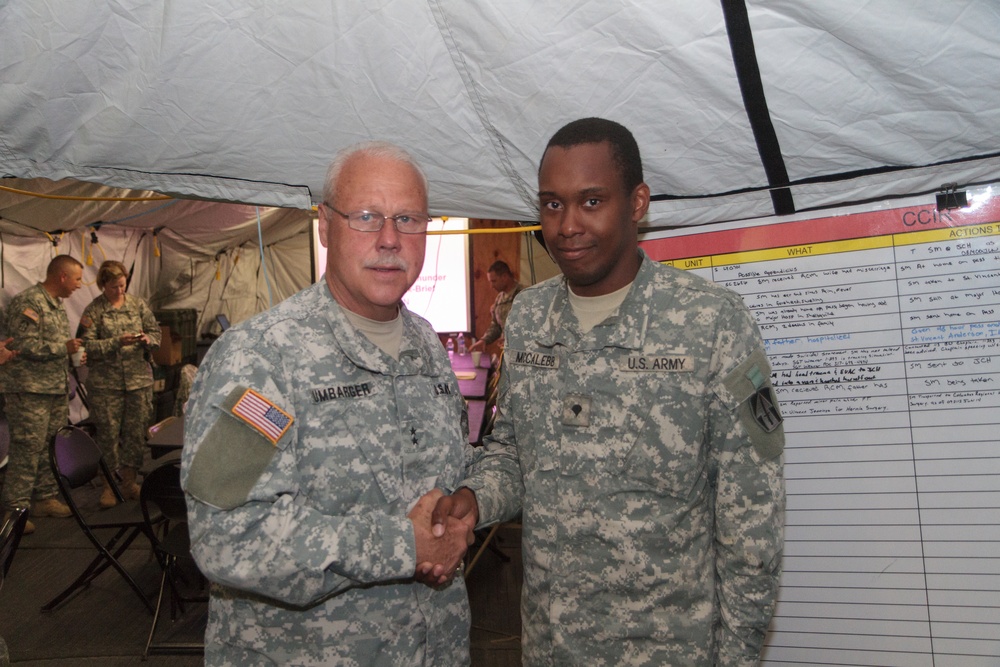 Indiana state adjutant general and state command sergeant major visit 76th IBCT Soldiers during annual training