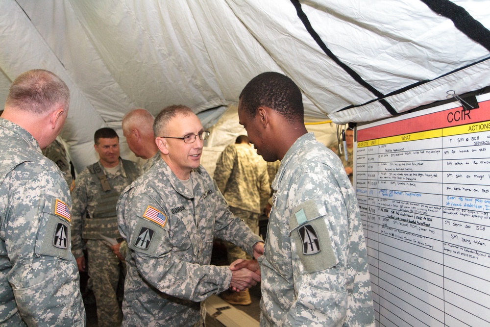 Indiana state adjutant general and state command sergeant major visit 76th IBCT Soldiers during annual training