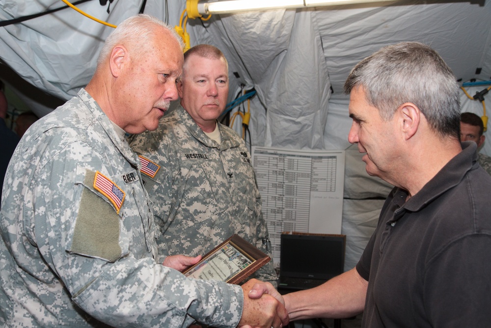 Indiana state adjutant general and state command sergeant major visit 76th IBCT Soldiers during annual training