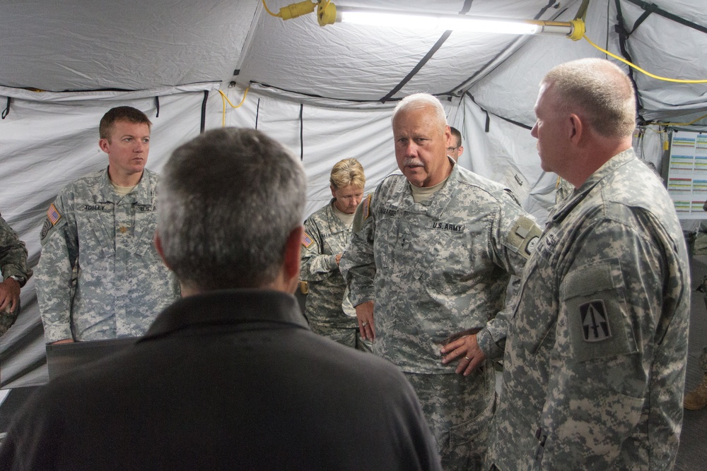 Indiana state adjutant general and state command sergeant major visit 76th IBCT Soldiers during annual training