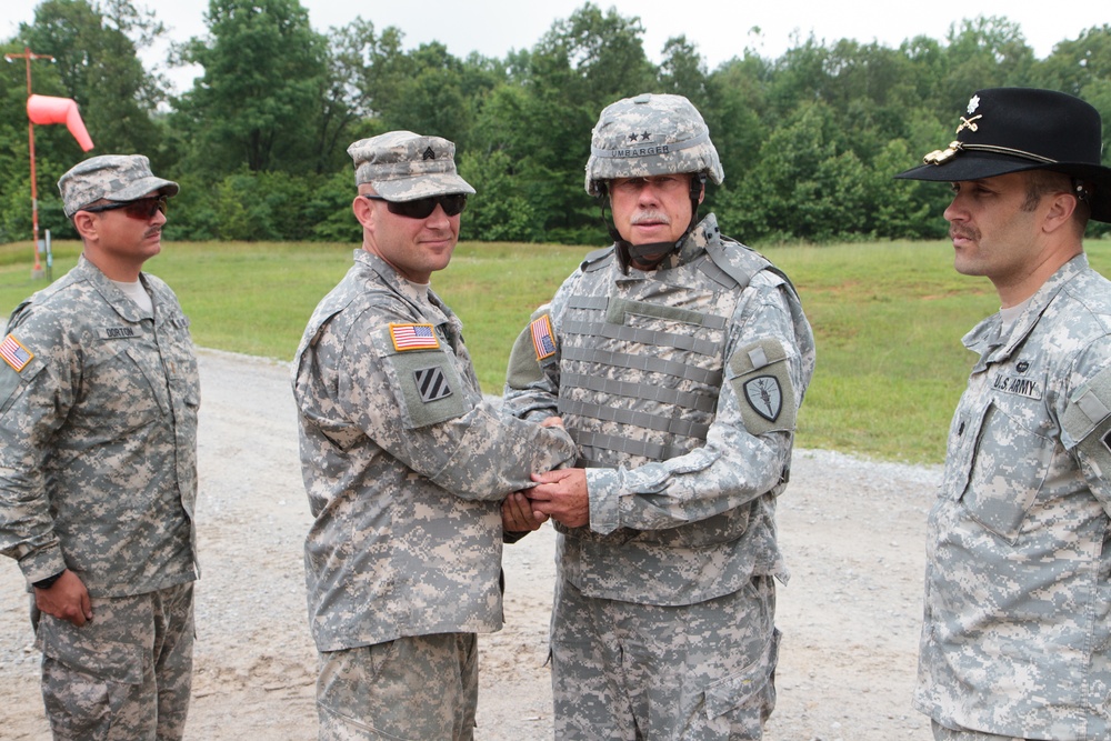 Indiana state adjutant general and state command sergeant major visit 76th IBCT Soldiers during annual training