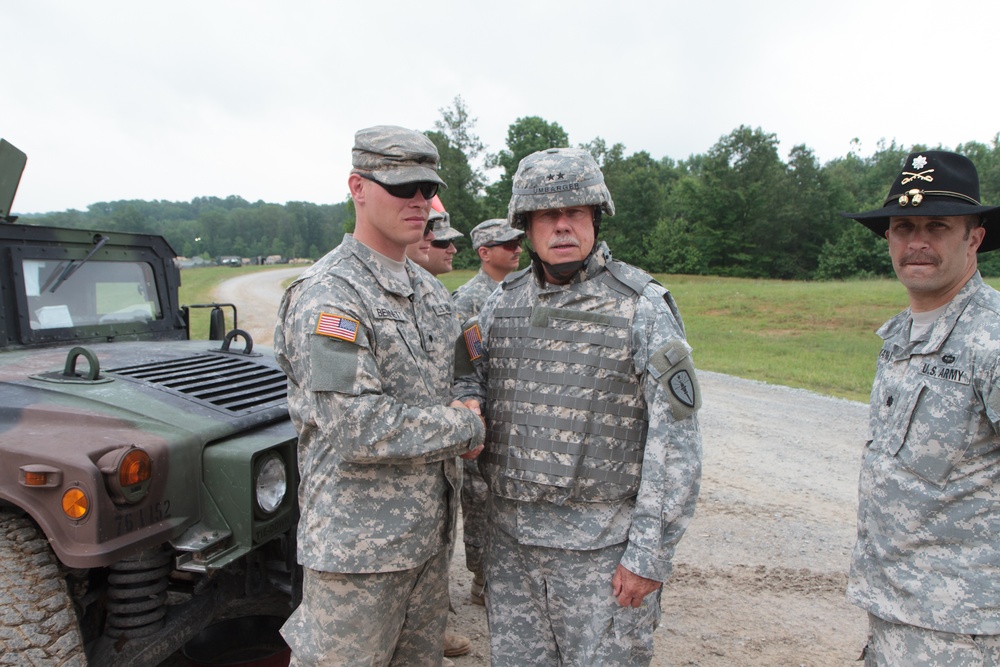 Indiana state adjutant general and state command sergeant major visit 76th IBCT Soldiers during annual training