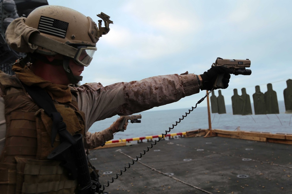 11th MEU MRF conducts a live range on an air cargo elevator aboard the USS Makin Island