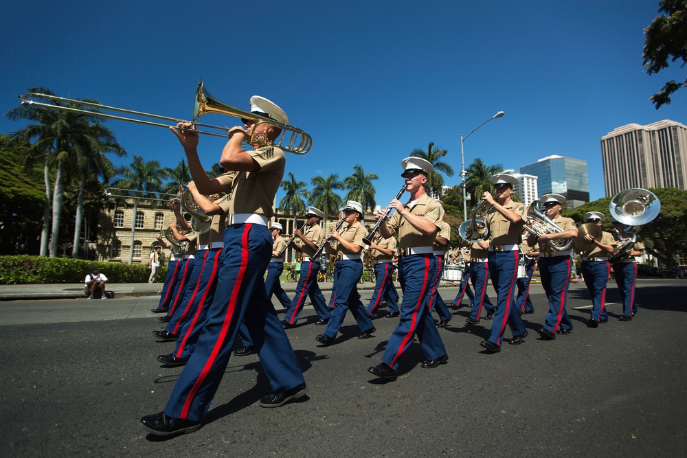 MARFORPAC Band marches in King Kamehameha Floral Parade