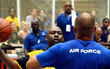 Army and Air Force athletes compete in the wheelchair basketball final game at the 2014 Warrior Trials