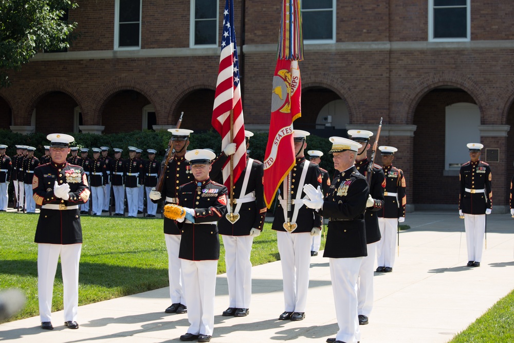 The Commandant of the Marine Corps, Gen. James F. Amos, is scheduled to present the Medal of Honor flag to Cpl. Kyle Carpenter. The ceremony will include a full parade by the President's Own Marine Band and the Commandant's Own Drum and Bugle Corps