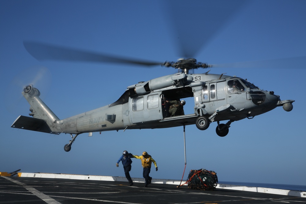 USS San Diego practices vertical replenishment