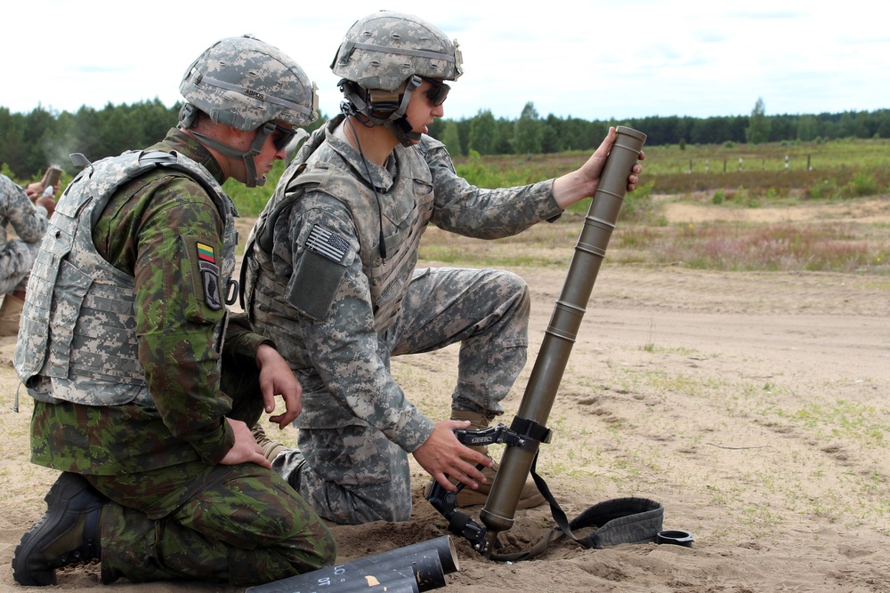 Paratroopers with 173rd Airborne Brigade fire javelins and mortars with Lithuanian forces