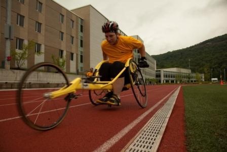 Army Staff Sgt. Chanda Gaeth trains to compete in the wheelchair racing event at the 2014 Army Warrior Trials in West Point, NY