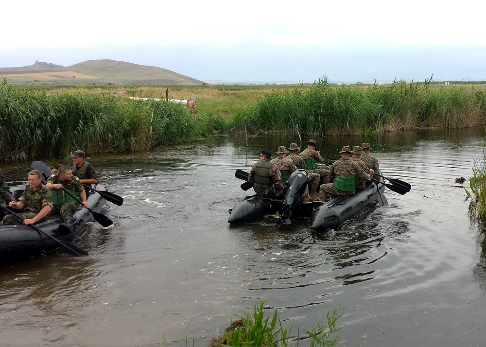 Marines and sailors of BSRF conduct an amphibious exercise with Romanian 307th Naval Infantry Battalion