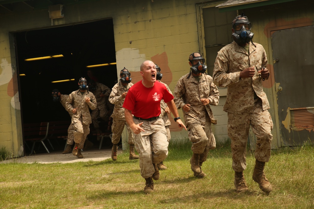 Marine recruits get gassed inside chamber during chemical defense training on Parris Island