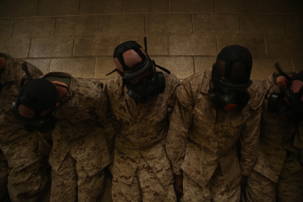 Marine recruits get gassed inside chamber during chemical defense training on Parris Island