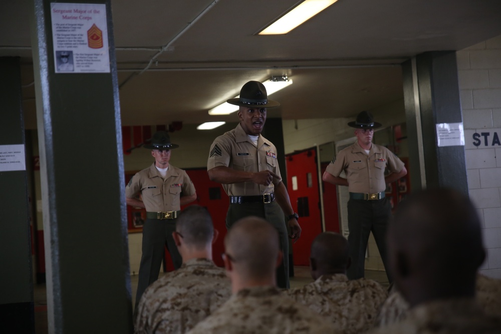 Recruits meet Parris Island drill instructors who will train them throughout Marine boot camp