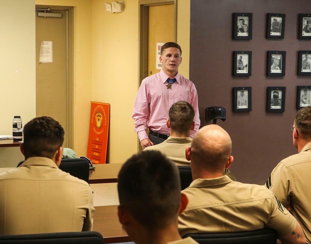 MoH recipient talks with Marines at Camp Lejeune