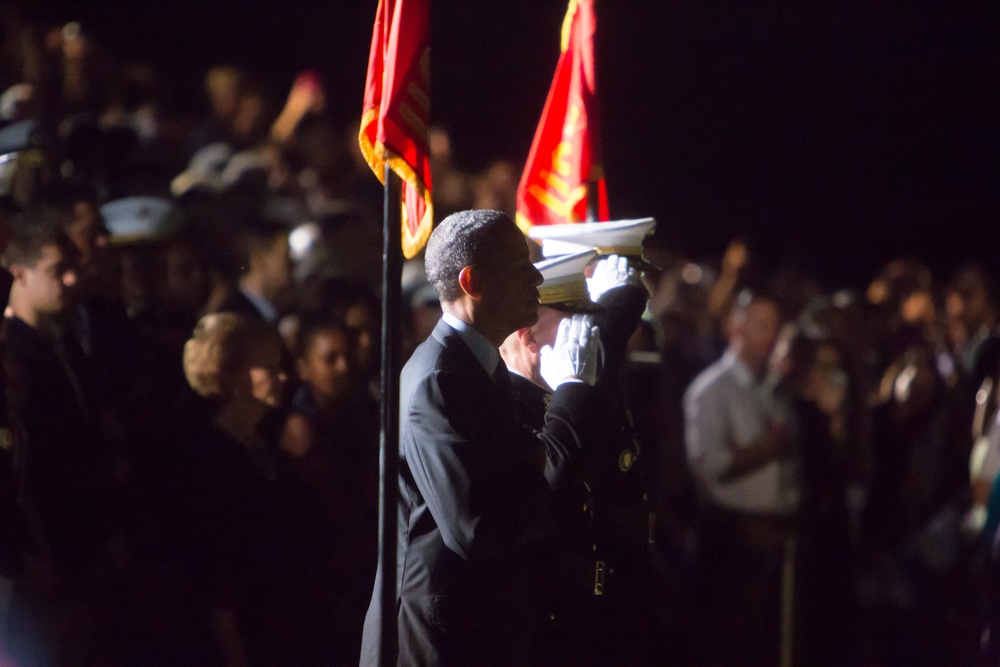 President Barack Obama attends this evening's parade featuring &quot;The Commandants Own&quot;