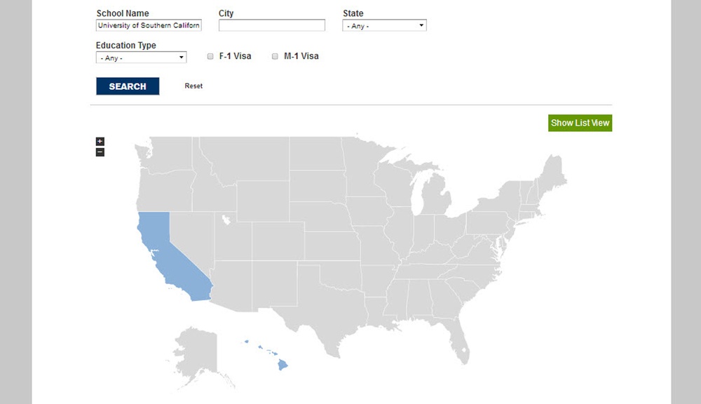 The image shows a school search interface, likely from a U.S. government or immigration-related website, with 'University of Southern Calif' entered in the School Name field. A map of the United States is displayed below the search form, with California and Hawaii highlighted in blue, indicating search results or selected states. The interface includes filter options for City, State, Education Type, and visa types (F-1 and M-1).