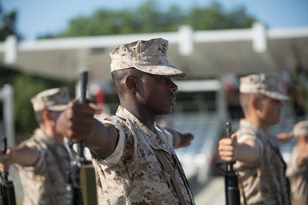 Marine recruits judged on discipline, bearing during drill evaluation on Parris Island