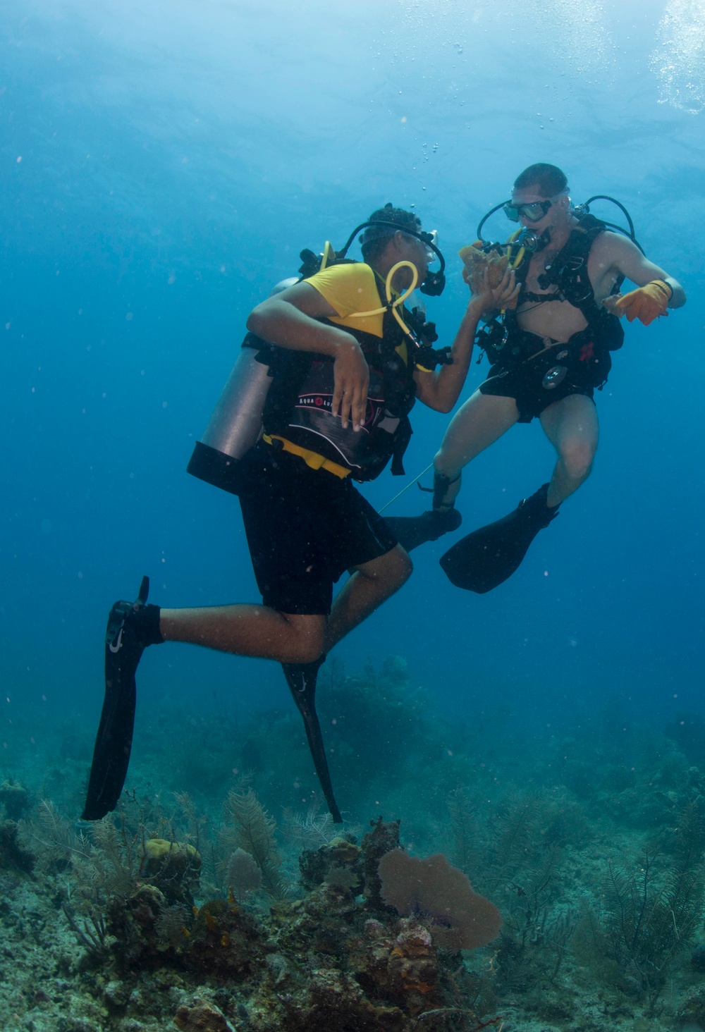 US Navy divers and Belizean Coast Guard divers work together during Southern Partnership Station '14