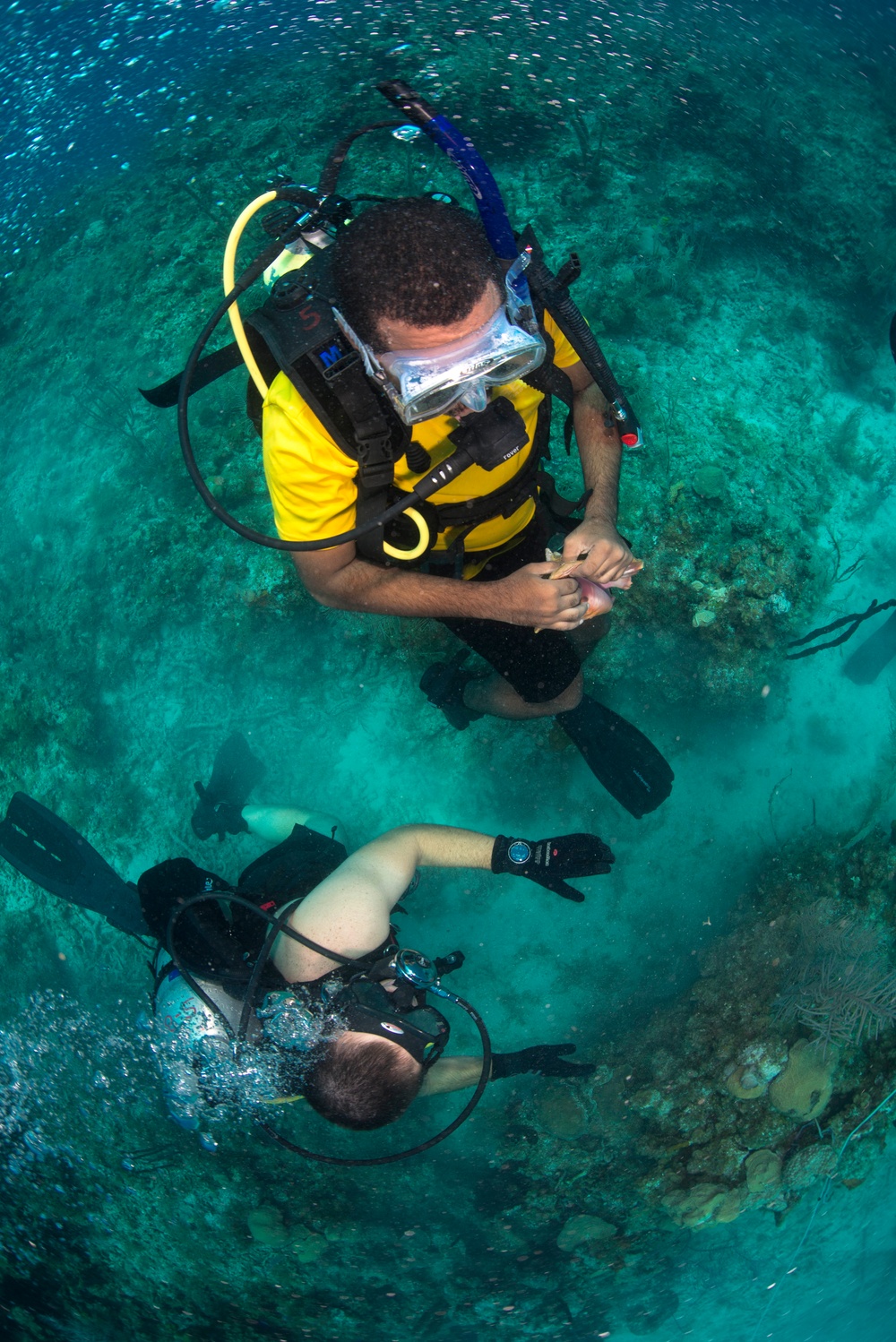 US Navy divers and Belizean Coast Guard divers work together during Southern Partnership Station '14