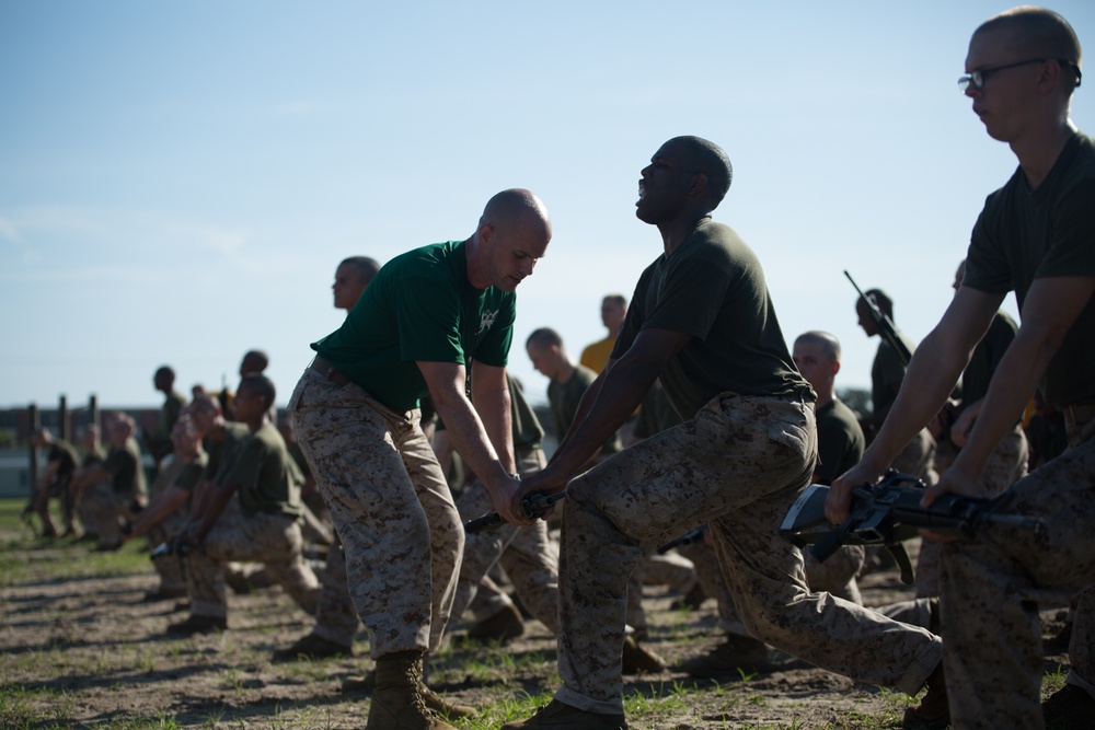 Marine martial arts instructors teach recruits basic skills on Parris Island