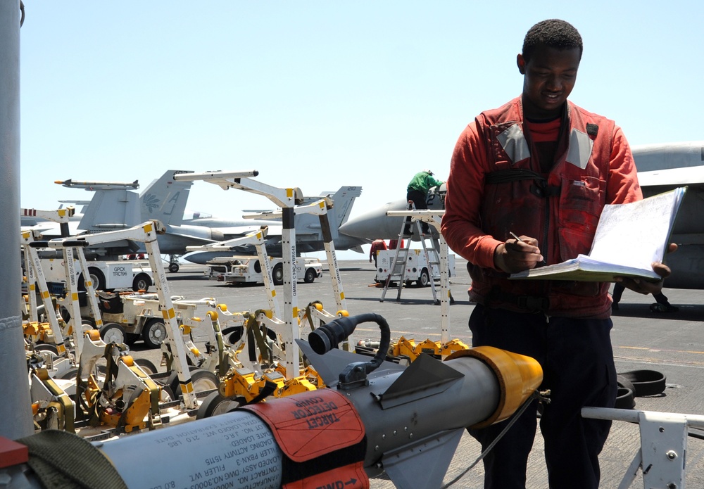 Aboard the aircraft carrier USS George H.W. Bush (CVN 77). George H.W. Bush is supporting maritime security operations and theater security cooperation efforts in the U.S. 5th Fleet area of responsibility.