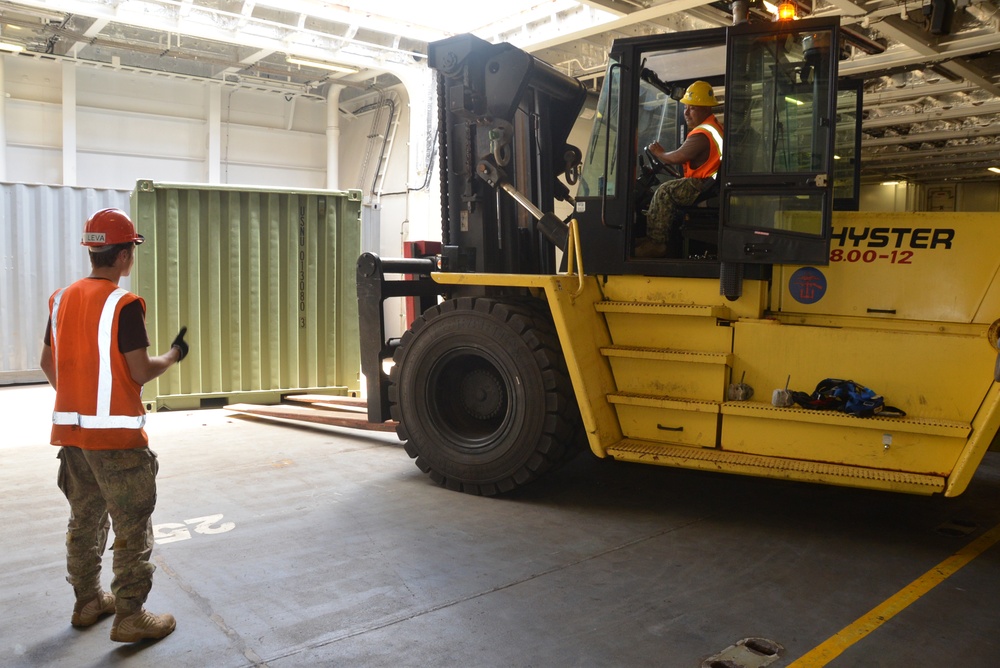 Navy Cargo Handling Battalion 14 (NCHB 14) reservists, HMNZS Canterbury (L 421) onload