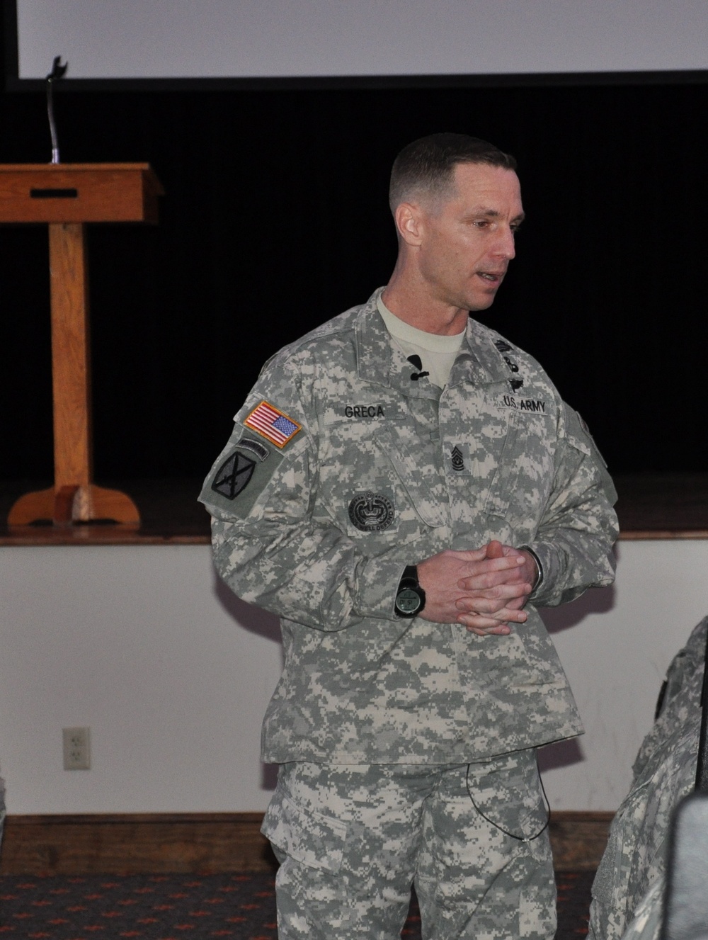 FORSCOM Command Sgt. Maj. Christopher Greca speaks to 7th Transportation Brigade (Expeditionary)