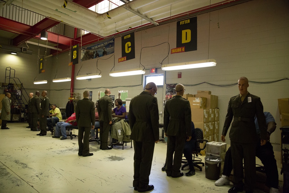 Marine recruits fitted for uniforms on Parris Island