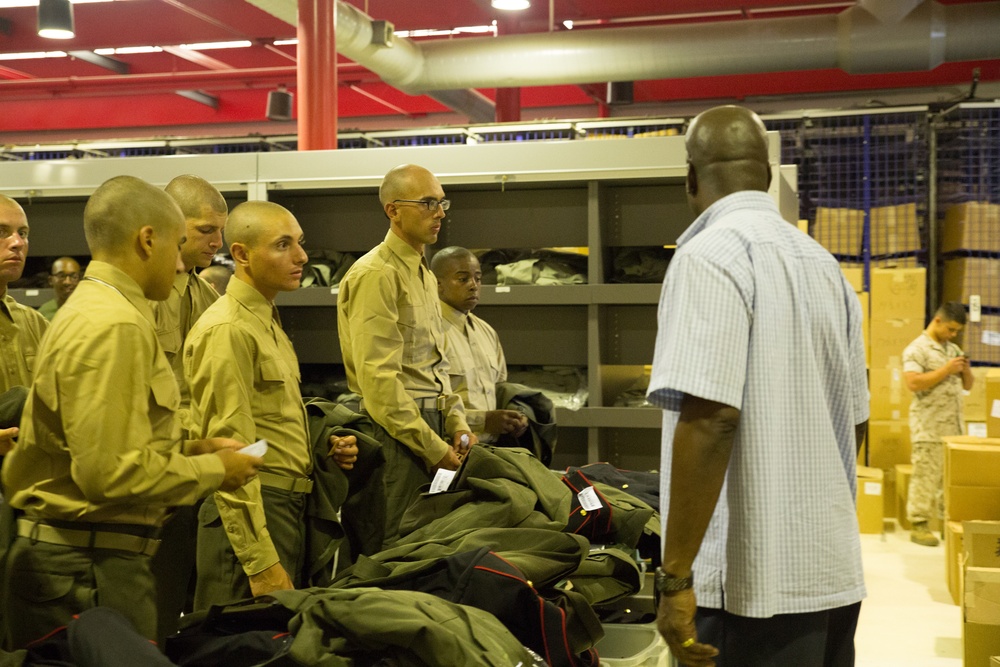 Marine recruits fitted for uniforms on Parris Island