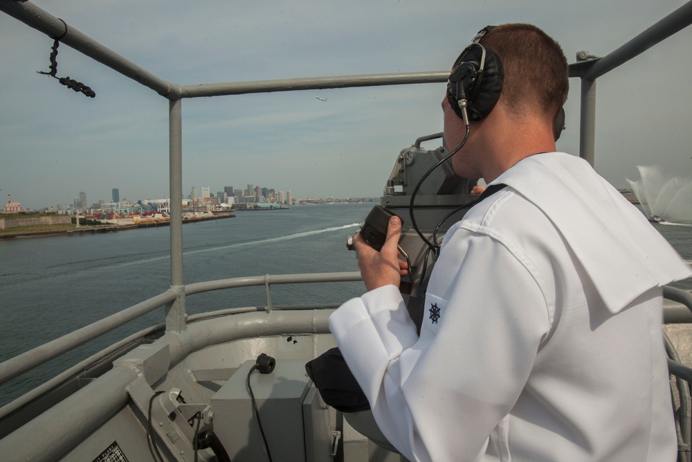 Marines and sailors with the USS Oak Hill arrive in Boston